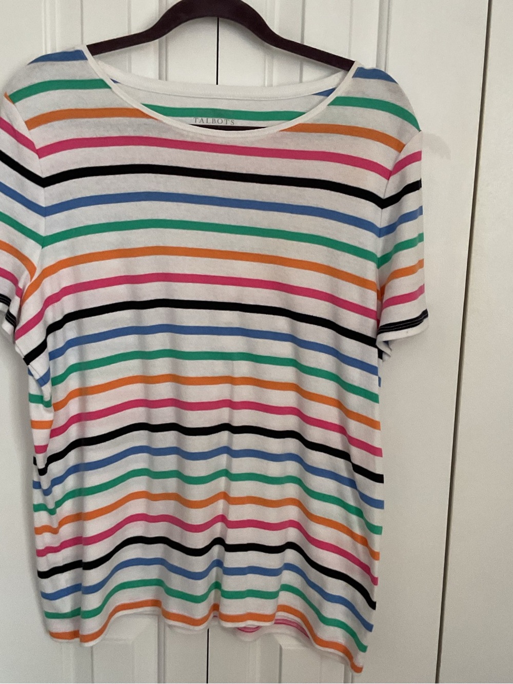 Talbots White Tee with Pink, Orange, Green, Blue & Black Stripes